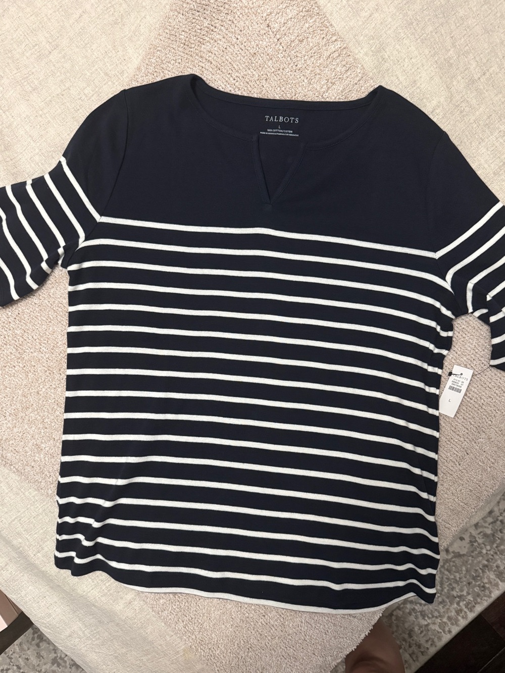 Elbow sleeve split neck tee-love stripe